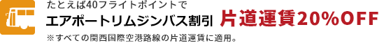 たとえば40フライトポイントでエアポートリムジンバス割引片道運賃20%OFF
									※すべての関空路線の片道運賃に適用。