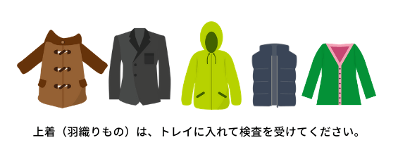 上着(羽織りもの)は。トレイに入れて検査を受けてください。