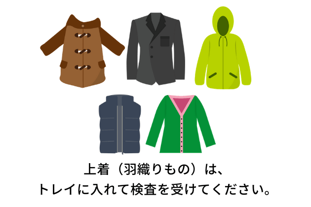 上着(羽織りもの)は。トレイに入れて検査を受けてください。