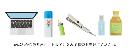 かばんから取り出しトレイに入れて検査を受けてください。